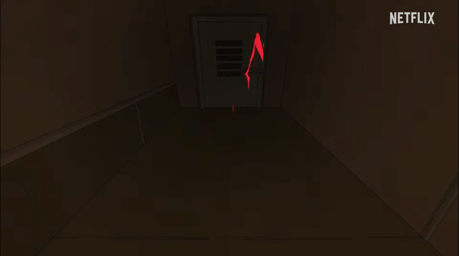 A dimly lit corridoor. There is a door up ahead. Red lightning arcs through the air.