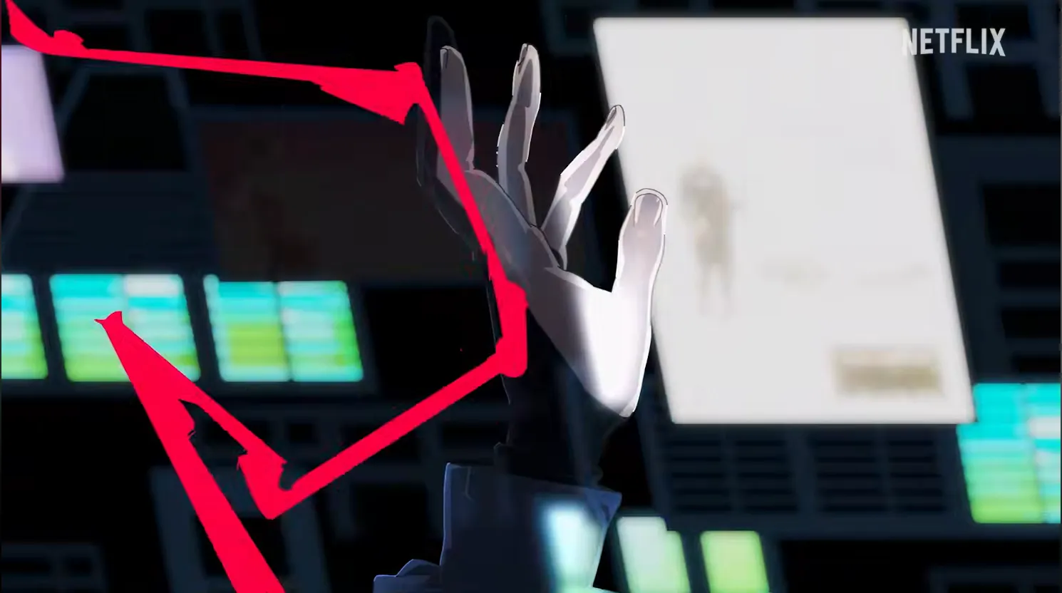 A hand reaching up through various floating images. Red lightning wraps around it.