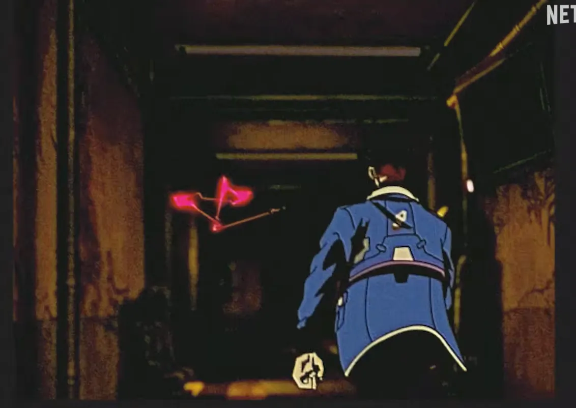 A guy (D) in a blue coat running down a corridoor, chasing after red lightning. The image is faded and washed out